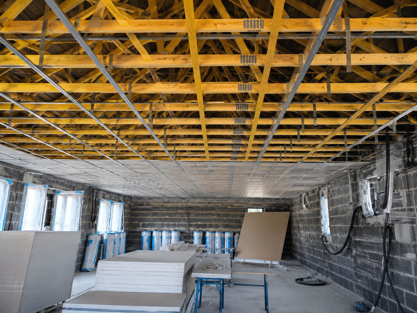 Chantier en cours : charpente et ossature apparentes avant habillage.
